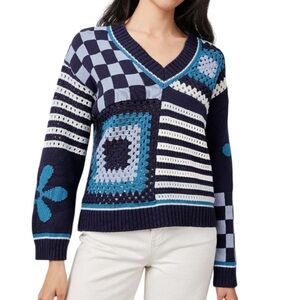 Rails Joni Patchwork Granny Square Long Sleeve V Neck Cozy Knit Sweater XS Blue